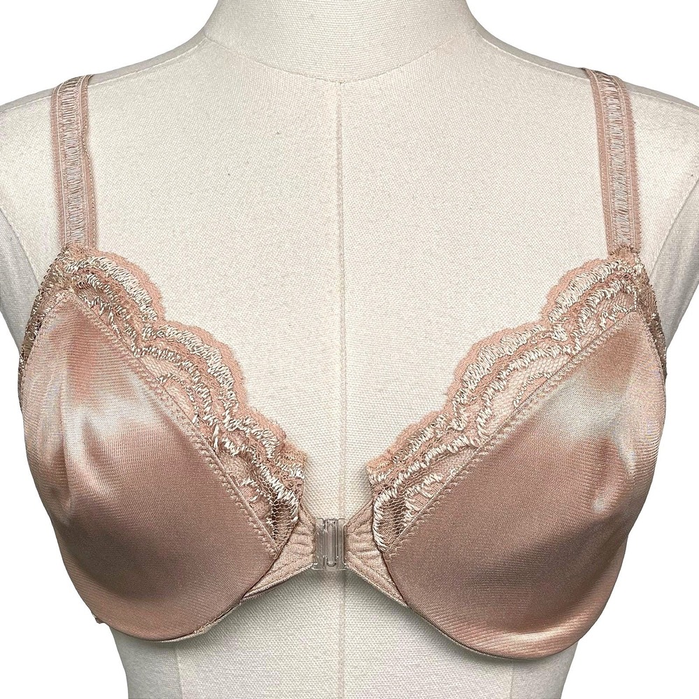 Vintage Victoria's Secret Front Close Satin Bra Women 34B Tan Lace Second Skin